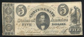 T - 34 1861 $5 Five Dollars Csa Confederate States Of America
