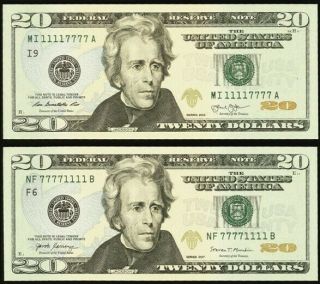 Fr.  2097 - I | Fr.  2099 - F $20 Federal Reserve Note Fancy Serial Number Pair