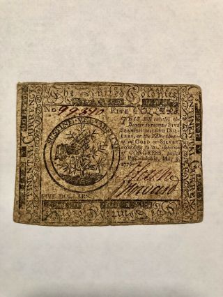 Philadelphia 1776 Continental Colonial Currency 5 Dollar Note - Howard/leech Sig