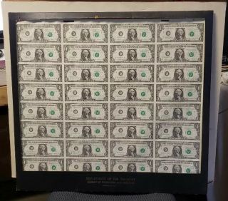 1985 Full Uncut Sheet Of 32 $1 Bills In With Paperwork