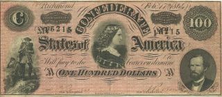 1864 $100 Confederate Civil War Currency Note Lucy Pickens & Infantry