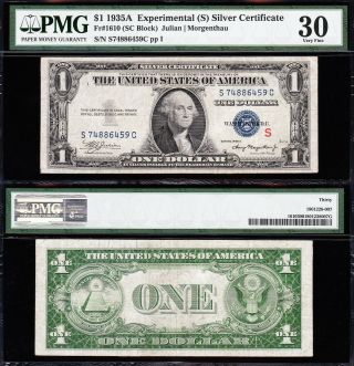 Awesome Choice Vf,  1935 A $1 Experimental " S " Silver Cert.  Pmg 30 S74886459c