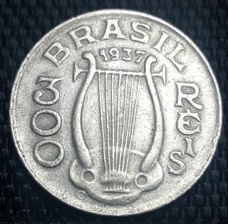1937 Brazil (brasil) 300 Reis Coin,  Rare,  Fine (plus 1 Coin) D1640