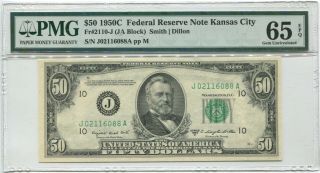 1950 C $50 Federal Reserve Note Kansas City,  Pmg Cu 65 Epq.  Fr 2110 - J