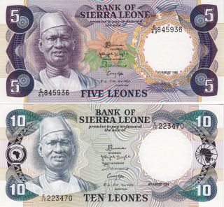 Sierra Leone 5 Leones 1985 And 10 Leons 1984 - 2 Unc Gem Notes