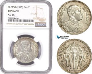 Ae189,  Thailand,  Rama Vi,  1 Baht Be2458 (1915) Silver,  Ngc Au55