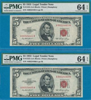 2 - $5.  00 1953 Consecutive Red Seal United States Notes Pmg Choice 64epq