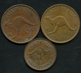 1943 & 1951 Australia 1 Penny & 1946 Half Penny Coins