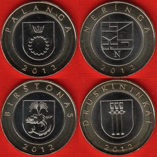 Lithuania Set Of 4 Coins: 2 Litai 2012 " Dedicated - Lithuanian Resorts " Bim.  Unc