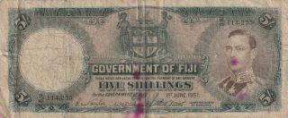 Fiji 5 Shillings Banknote 1.  6.  1951 P.  37k Poor