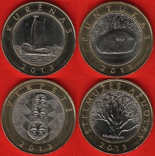 Lithuania Set Of 4 Coins: 2 Litai 2013 " Ship,  Stone,  Tree,  Distaff " Bim.  Unc