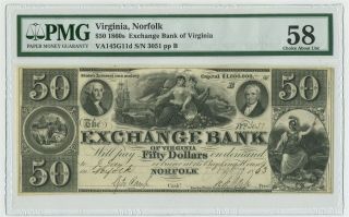 1860s $50 Virginia,  Norfolk Exchange Bank Of Virginia Obsolete Note Au 58 Pmg
