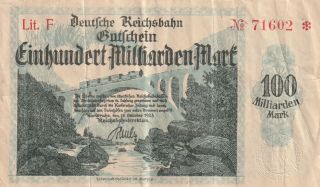 Germany Railroad 100 Milliarden Mark Banknote 1923 P.  S1273 Almost Very Fine