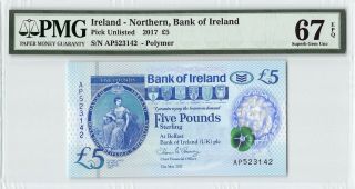 Northern Ireland,  Bank Of Ireland 2017 Pmg Gem Unc 67 Epq 5 Pounds