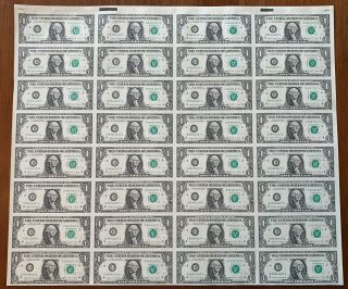 Uncut Sheet Of 32 1988 $1 Notes Uncirculated D - A Block Cleveland,  Oh