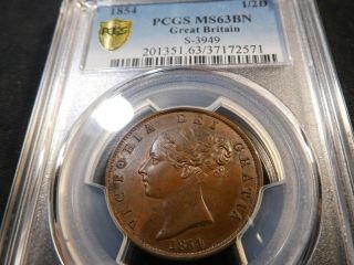 Q124 Great Britain 1854 1/2 Penny Pcgs Ms - 63 Brown