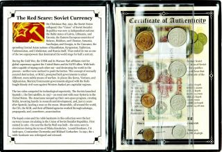 The Red Scare Soviet Currency 8 Coins 1 Banknote Album,  Certificate And Story