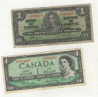 1937 And 1954 Bank Of Canada One 1 Dollar Bank Notes 2 Bills