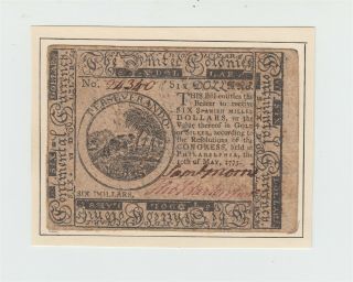 1775 Colonial Currency Philadelphia $6 Note Mounted / Six Dollar Bill Usa Us