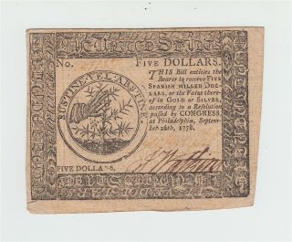 1778 Colonial Currency Philadelphia $5 Note Five Dollar Bill Pennsylvania / Usa