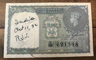 1940 Wwii British India One Rupee Blue Bank Note Vintage King George Vi