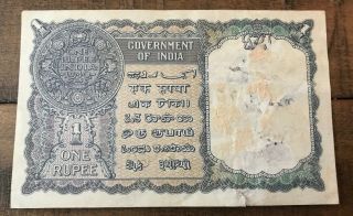 1940 WWII British India One Rupee Blue Bank Note Vintage King George VI 2