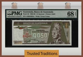 Tt Pk 65 1983 - 89 Guatemala 1/2 Quetzal " Tecun Uman " Pmg 68 Epq Gem Unc