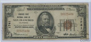 1929 $50 National Bank Of San Francisco Ca Note T - 1 Ch 1741