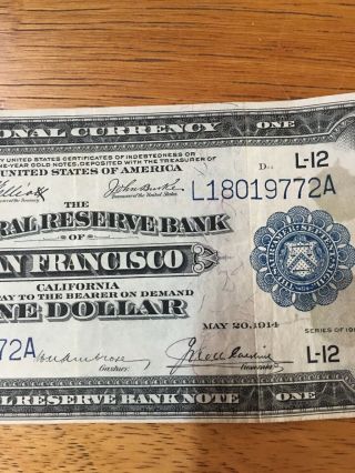 1914 $1 One Dollar Large Size Bill SAN FRANCISCO Federal Reserve Bank Note 4