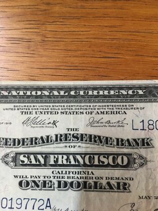 1914 $1 One Dollar Large Size Bill SAN FRANCISCO Federal Reserve Bank Note 6