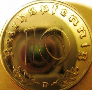 Old German 10 Reichspfennig 1939 Gold Coloured Coin Third Reich Eagle Swastika 2