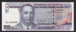 2002 Philippine 100 Pesos Nds Solid Serial Sn El 888888 Arroyo/buenaventura Unc