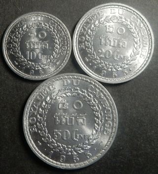Cambodia Complete Aluminum Set 10,  20,  50 Centimes 1953 Top Grade Rare