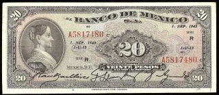 Mexico P - 40g Banco De Mexico 20 Pesos R - A,  1.  9.  1943 Vf/ef