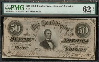 T - 66 1864 $50 Confederate States Banknote Pmg 62 Uncirculated Epq