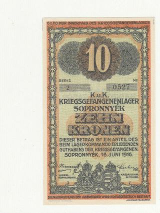 10 Korona/kroner Unc Prisoner Of War Camp Note From Austro - Hungary 1916