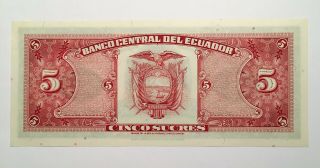 1968 Ecuador 5 Sucres Banknote,  Pick 113b, 2