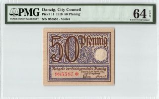 Danzig 1919 P - 11 Pmg Choice Unc 64 Epq 50 Pfennig (violet)