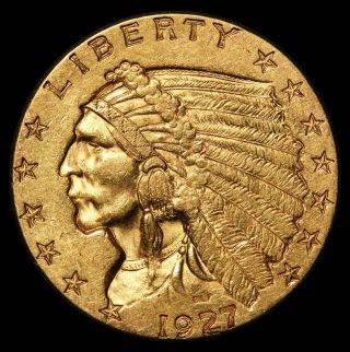 1927 U.  S.  Indian Head $2.  50 Gold Quarter Eagle Coin -