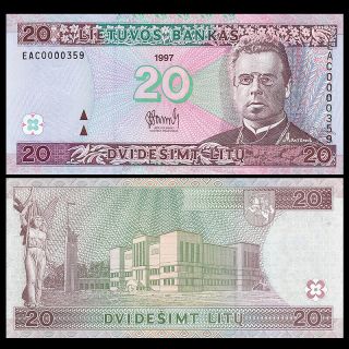 Lithuania 20 Litu Banknote,  1997,  P - 60,  Unc,  Europe Paper Money