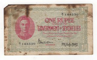 Seychelles 1 Rupee Dated 7th July 1943,  P7a Vg