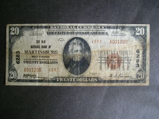 Series 1929 $20.  00 The Old National Bank Of Martinsburg Wv Vg - F