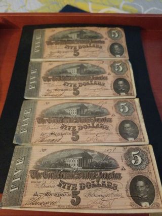 1864 Confederate Currency Uncirculated Sequential Serial Numbers 5 Dollar Bills