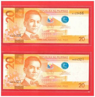 2010 Philippines 20 Peso Ngc Aquino Single Prefix Ladder K123456 & H 654321 Unc