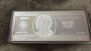 1998 Twenty Dollar Bill Silver Bar -.  999 Fine Silver 4 Troy Oz.  Four Ounces