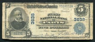 1902 $5 The First National Bank Of Paris,  Tx National Currency Ch.  3638