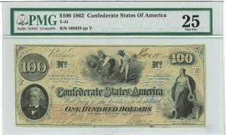 1862 Confederate States $100 Note Pmg Very Fine 25 Civil War T - 41