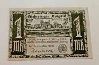 LÜCHTRINGEN HÖXTER NOTGELD 1 MARK 1921 EMERGENCY MONEY GERMANY BANKNOTE (10089) 2