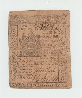 1777 Delaware Colonial Currency 20 Shilling Note James Adams Bill Usa