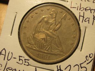 1861 - O Seated Liberty Half Dollar.  Choice Au.  Cleaned.